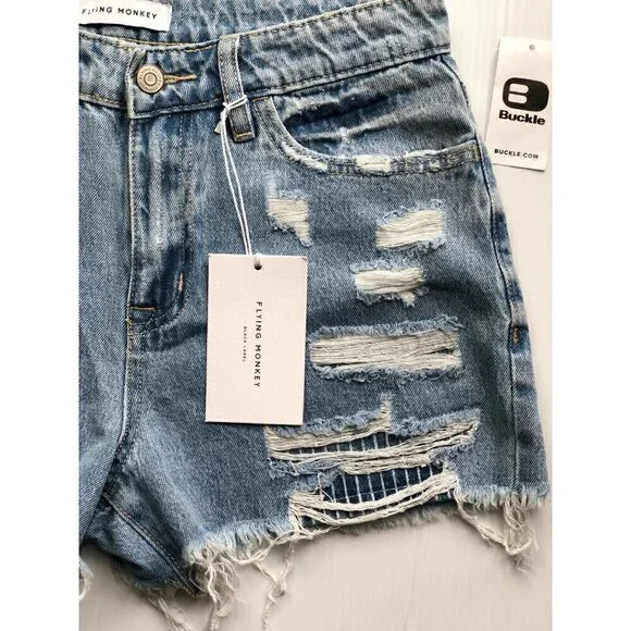 Flying monkey Womens Destruct Denim High Rise Frayed Hem Shorts Size 25, 27 - Picture 11 of 12